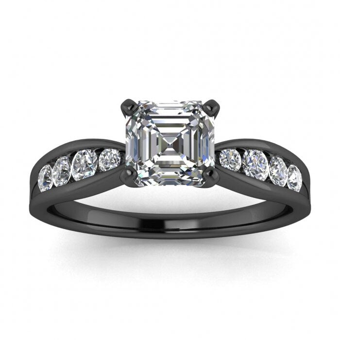 White Gold Tapered Channel Set Asscher Cut Moissanite Ring (1/4 Ct. Tw.) Tapered Band, Channel Set, Prongs Setting, Maven