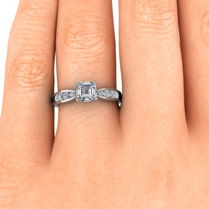 White Gold Tapered Channel Set Asscher Cut Moissanite Ring (1/4 Ct. Tw.) Tapered Band, Channel Set, Prongs Setting, Maven