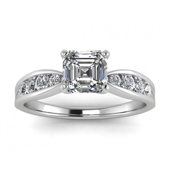 White Gold Tapered Channel Set Asscher Cut Moissanite Ring (1/4 Ct. Tw.) Tapered Band, Channel Set, Prongs Setting, Maven