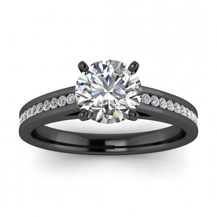 White Gold Unique Channel Set Moissanite Ring (1/7 Ct. Tw.) Channel Setting Accents, Prongs Center Gemstone, bridged Band, Navi