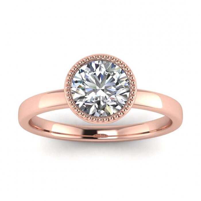 White Gold Round Bezel Ring Unique Basket Gallery, Milgrained Bezel, Moissanite Engagement Ring Nyla