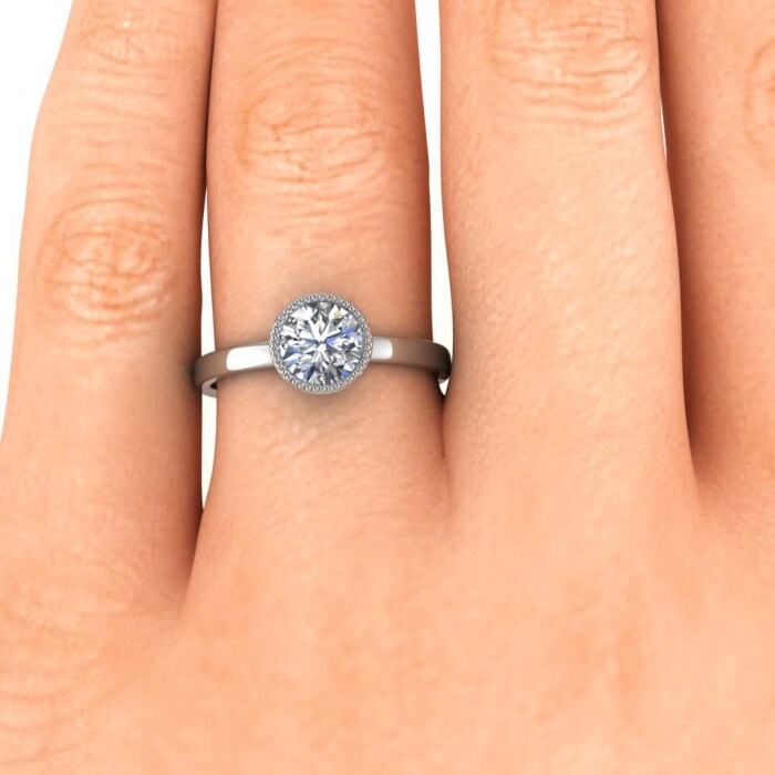 White Gold Round Bezel Ring Unique Basket Gallery, Milgrained Bezel, Moissanite Engagement Ring Nyla