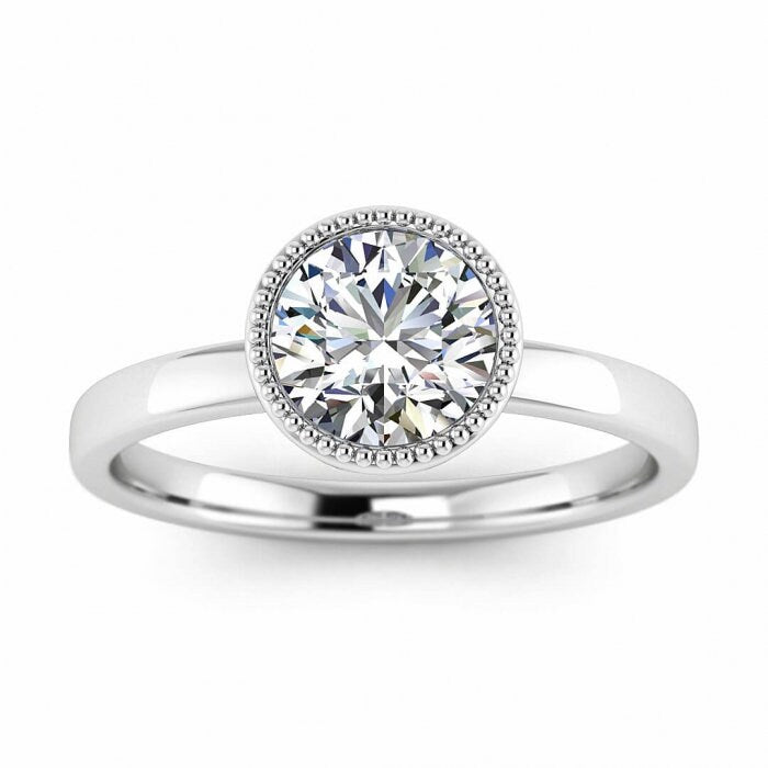 White Gold Round Bezel Ring Unique Basket Gallery, Milgrained Bezel, Moissanite Engagement Ring Nyla