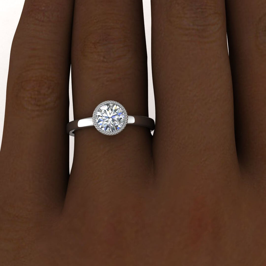 White Gold Round Bezel Ring Unique Basket Gallery, Milgrained Bezel, Moissanite Engagement Ring Nyla