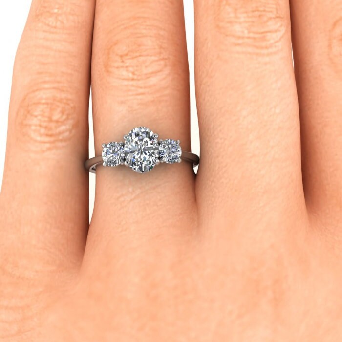 White Gold Thin Band Three Stone Oval Moissanite Ring (1/2 Ct. Tw.) Delicate Band, Claw Prongs, Three Stone Ring, Ovy