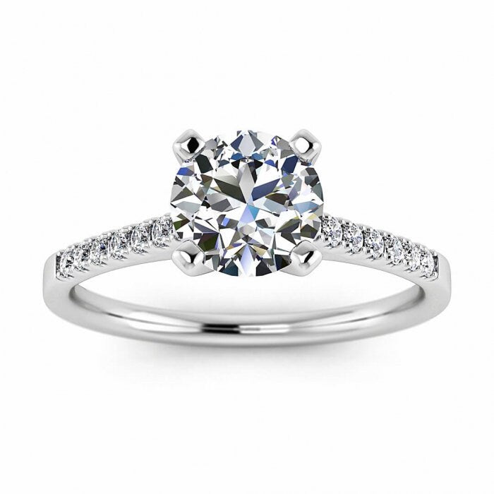 White Gold Cathedral Moissanite Engagement Ring (1/7 Ct. Tw.) Cathedral, Gemstone Pave, High Profile Prongs, Paved