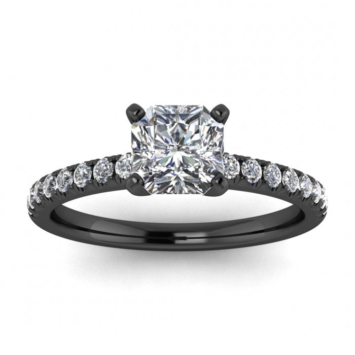 White Gold Paved Radiant Cut Moissanite Ring (1/4 Ct. Tw.) French Pave Accents, High Profile Prongs Setting