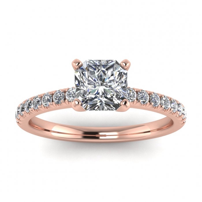 White Gold Paved Radiant Cut Moissanite Ring (1/4 Ct. Tw.) French Pave Accents, High Profile Prongs Setting