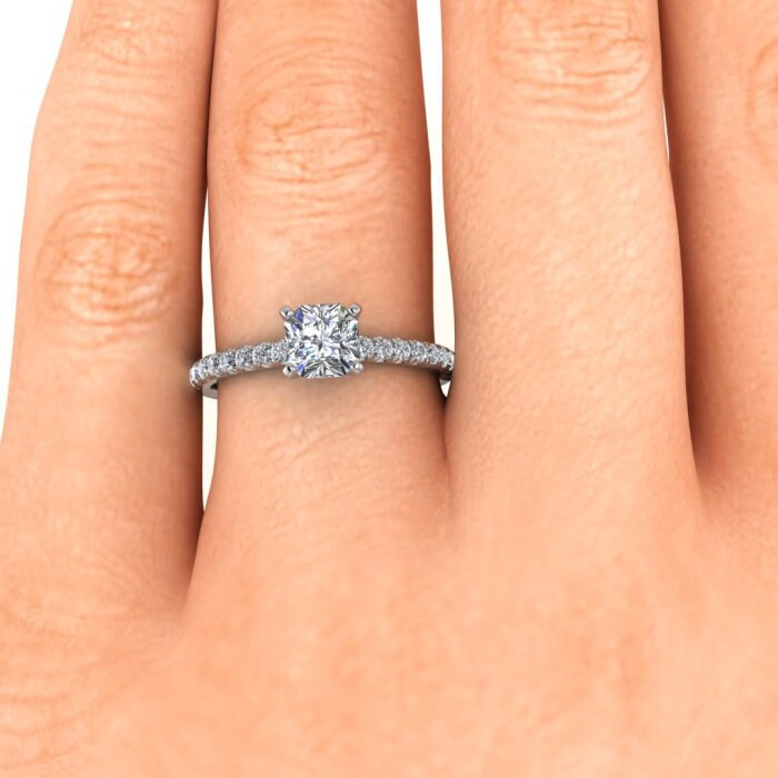 White Gold Paved Radiant Cut Moissanite Ring (1/4 Ct. Tw.) French Pave Accents, High Profile Prongs Setting