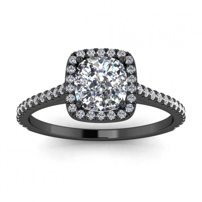 2ct 7.5mm 14kt White Gold Moissanite Diamond Dainty Micropave Cushion Halo Engagement Ring, Cushion Cut Halo, Colorless Moissanite