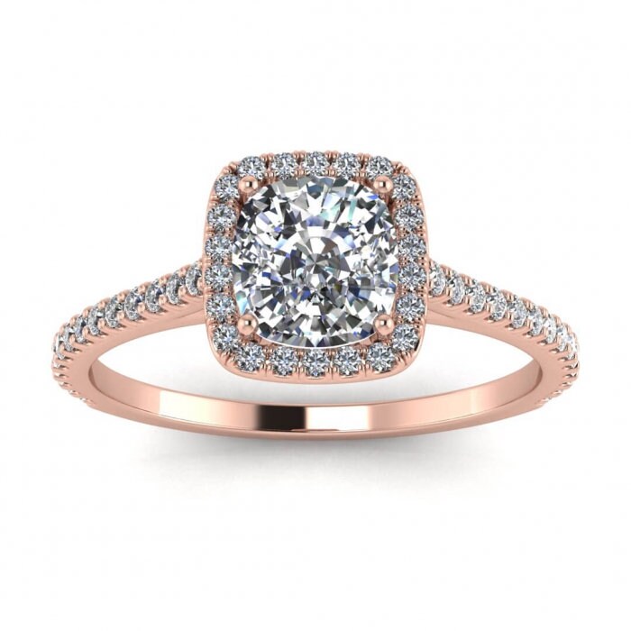 2ct 7.5mm 14kt White Gold Moissanite Diamond Dainty Micropave Cushion Halo Engagement Ring, Cushion Cut Halo, Colorless Moissanite