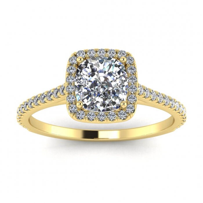 2ct 7.5mm 14kt White Gold Moissanite Diamond Dainty Micropave Cushion Halo Engagement Ring, Cushion Cut Halo, Colorless Moissanite