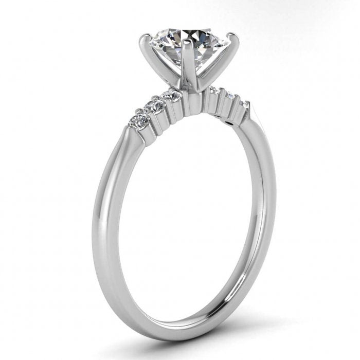 White Gold Delicate Heart Shaped Moissanite Shared Prongs Ring (1/7 Ct. Tw.) Shared Prongs Accents, Delicate Band,high Profile Setting,River