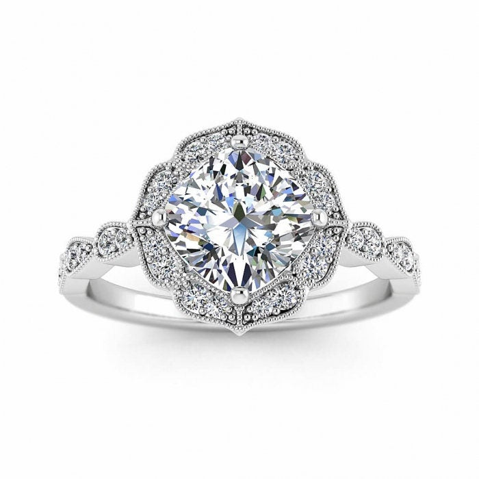White Gold Paved Vintage Inspired Cushion Cut Moissanite Ring (1/7 Ct. Tw.) Vintage Inspired Setting, Beaded Milgrain, pave Accents, Sanne