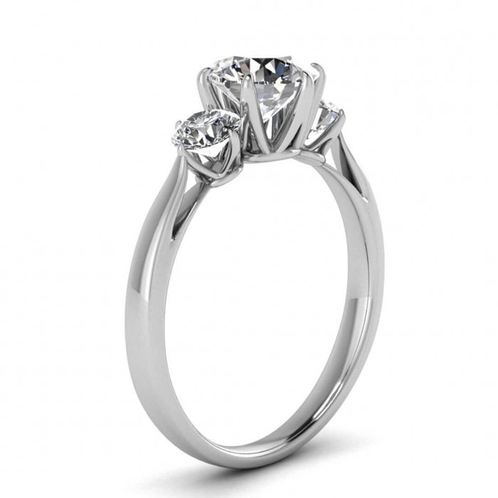 White Gold Three Stone Moissanite Engagement Ring (4/9 Ct. Tw.) Tapered Band, Open Gallery, Claw Prongs Setting, 3 Stone Ring, Suri