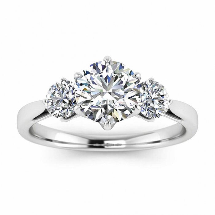 White Gold Three Stone Moissanite Engagement Ring (4/9 Ct. Tw.) Tapered Band, Open Gallery, Claw Prongs Setting, 3 Stone Ring, Suri