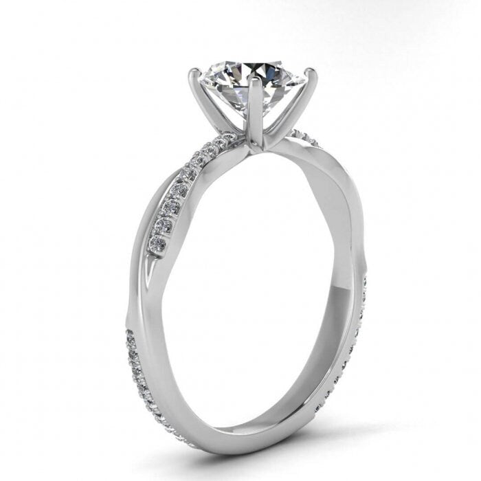 White Gold Intertwined Double Band Moissanite Ring (1/8 Ct. Tw.) Delicate Double Band, Scalloped Pave, Prongs Setting, Tal
