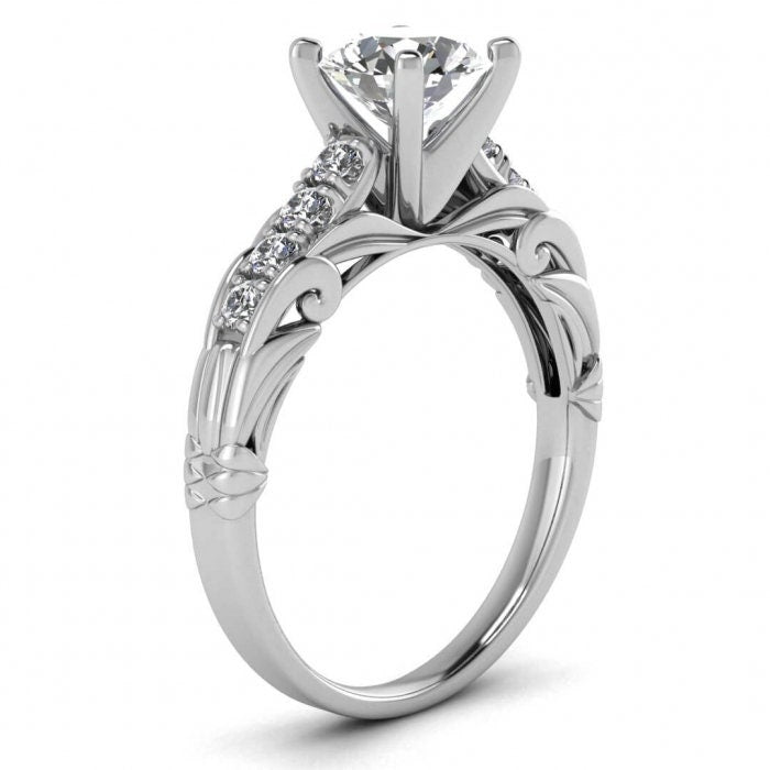 White Gold Vintage Style Moissanite Ring (1/5 Ct. Tw.) Blooming Shoulders, Tapered Bottom With Wraps, Pave Set Accents, High Profile, Tay