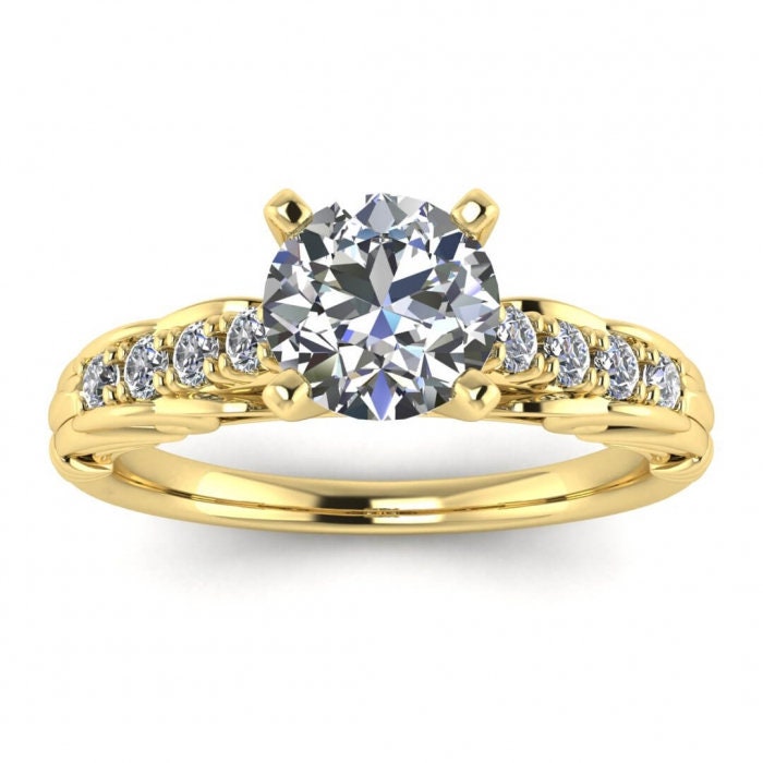 White Gold Vintage Style Moissanite Ring (1/5 Ct. Tw.) Blooming Shoulders, Tapered Bottom With Wraps, Pave Set Accents, High Profile, Tay