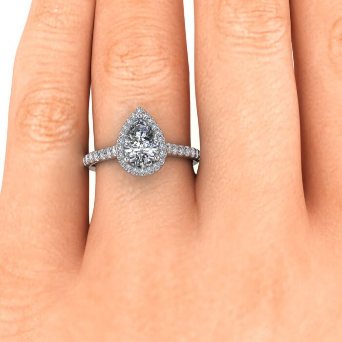 White Gold Pear Halo Pear Moissanite Ring (1/3 Ct. Tw.) Scalloped Pave Accents, Bridged Gallery, Pear Shaped Halo, Tear Of Joy