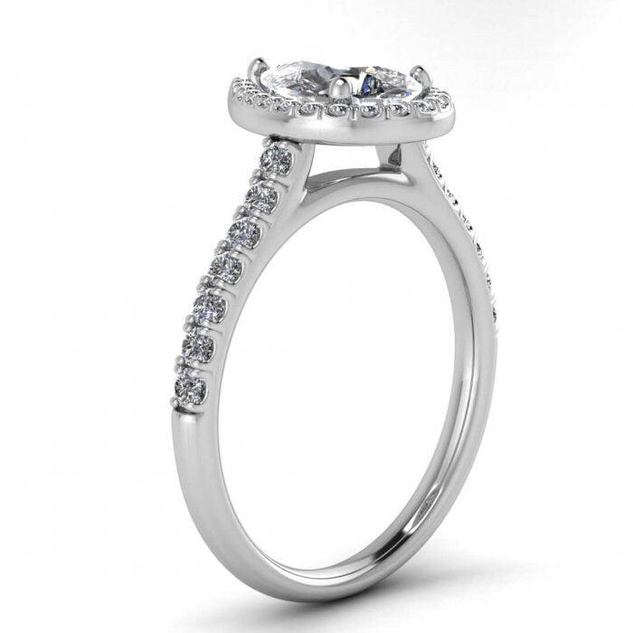 White Gold Pear Halo Pear Moissanite Ring (1/3 Ct. Tw.) Scalloped Pave Accents, Bridged Gallery, Pear Shaped Halo, Tear Of Joy