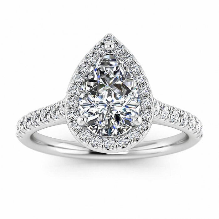 White Gold Pear Halo Pear Moissanite Ring (1/3 Ct. Tw.) Scalloped Pave Accents, Bridged Gallery, Pear Shaped Halo, Tear Of Joy