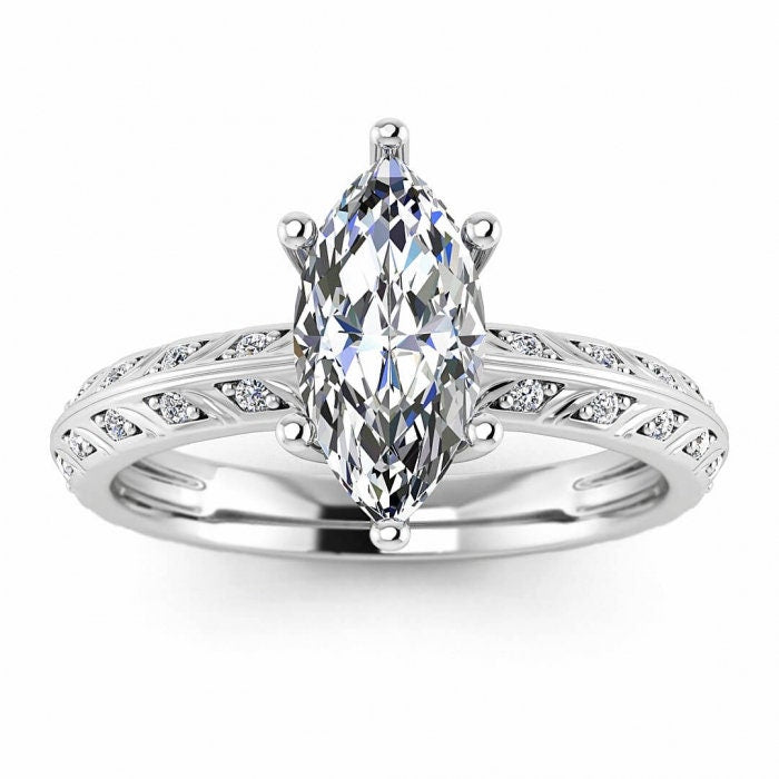 White Gold Unique Knife Edge Marquise Diamond Ring (1/7 Ct. Tw.) Prongs Setting, Channel Pave Accents, engraved, Violette