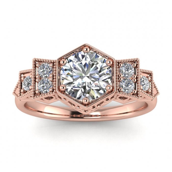 White Gold Antique Design Moissanite Ring (1/6 Ct. Tw.) Milgrain, Vintage Style, Open Setting, Hexagon, Pave Accents, Zoie