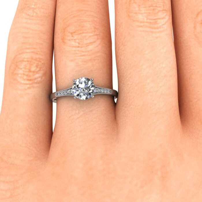 White Gold Tapered Moissanite Ring (1/10 Ct. Tw.) Tapered Gemstones, Milgrain, High Profile Prongs Setting, Moissanite Engagement Ring Zora