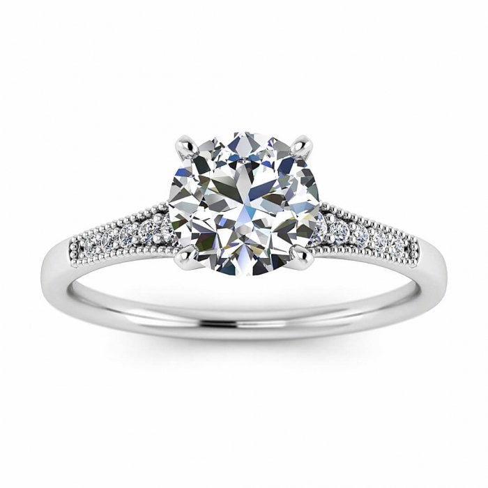 White Gold Tapered Moissanite Ring (1/10 Ct. Tw.) Tapered Gemstones, Milgrain, High Profile Prongs Setting, Moissanite Engagement Ring Zora