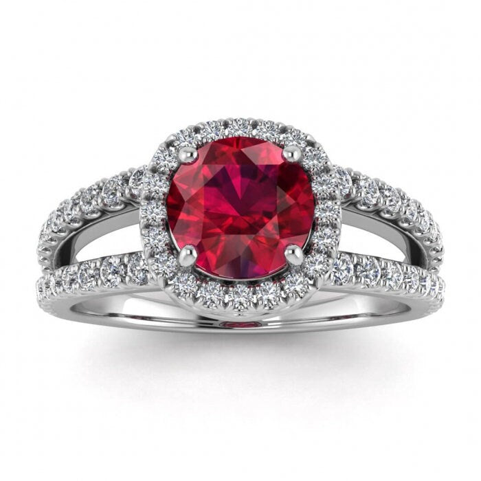 14k rose gold Elara unique double band ruby and diamond halo (3/7 ct. tw.), arched gallery, french pave halo, split shank pave