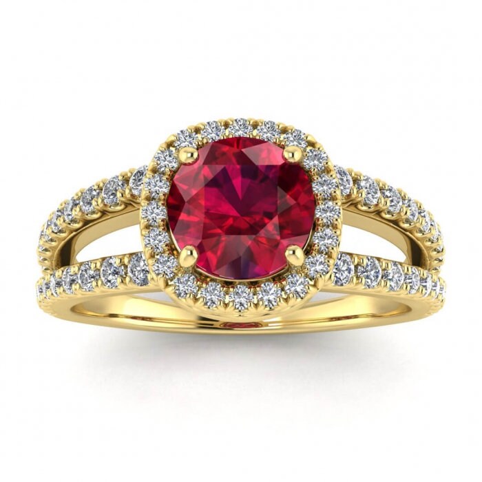 14k rose gold Elara unique double band ruby and diamond halo (3/7 ct. tw.), arched gallery, french pave halo, split shank pave