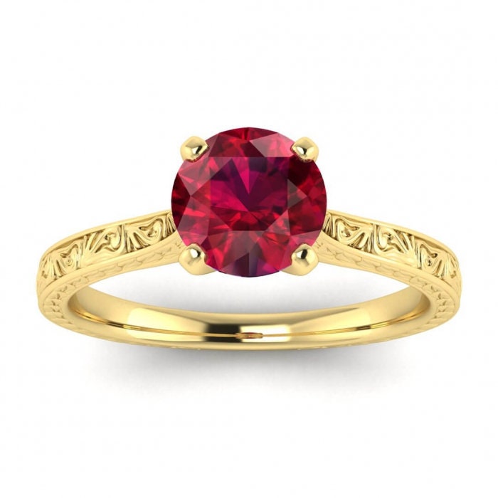 Vintage Ruby Engagement Ring 14k rose gold hand engraved ruby ring, cathedral setting, high profile prongs, hand engraving Everleigh