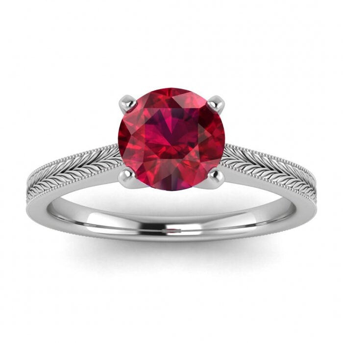 14k rose gold Clio milgrained ruby ring, cathedral , high profile prongs, hand engraving, milgrain