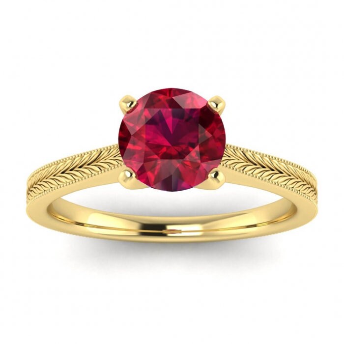 14k rose gold Clio milgrained ruby ring, cathedral , high profile prongs, hand engraving, milgrain