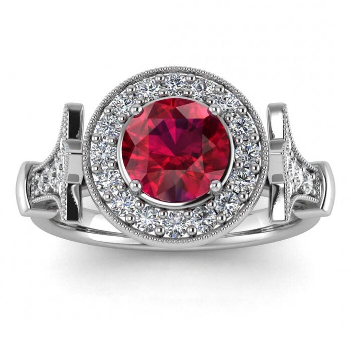 14k rose gold Fallon halo ruby and diamond statement ring (2/5 ct. tw.), statement ring, milgrain, shared prongs , bezel center, floral