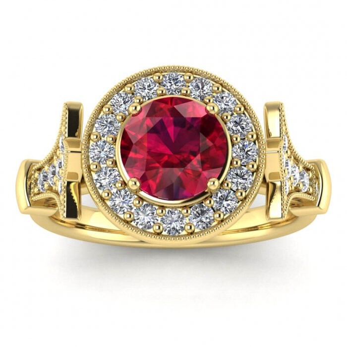 14k rose gold Fallon halo ruby and diamond statement ring (2/5 ct. tw.), statement ring, milgrain, shared prongs , bezel center, floral