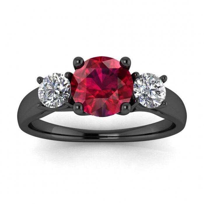 14k rose gold Dawn 3 ruby and diamond engagement ring (2/5 ct. tw.), basket setting, prongs setting,open gallery