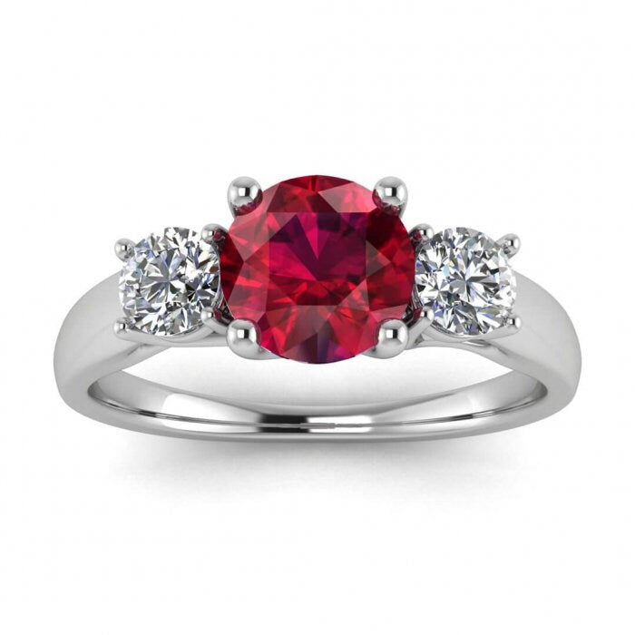 14k rose gold Dawn 3 ruby and diamond engagement ring (2/5 ct. tw.), basket setting, prongs setting,open gallery