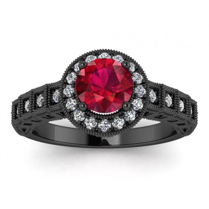 14k rose gold art Deco halo ruby and diamond ring (1/5 ct) filigree shank, pave set diamond, milgrain edges, halo center gemstone