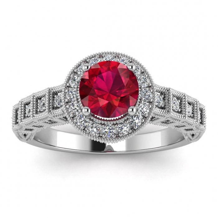 14k rose gold art Deco halo ruby and diamond ring (1/5 ct) filigree shank, pave set diamond, milgrain edges, halo center gemstone