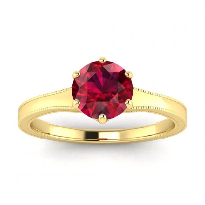 14k rose gold Corinne milgrained ruby engagement ring, milgrained band, squared solitaire ring, prongs setting