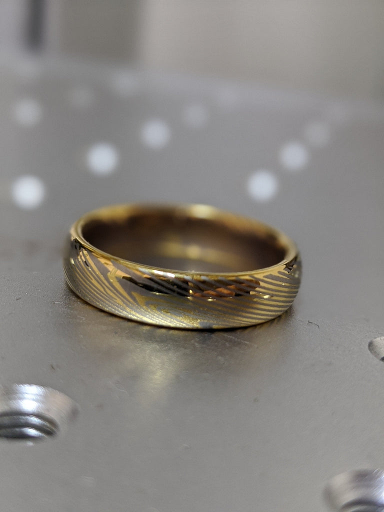 Yellow Gold Plated Mokume Gane Tungsten - Forged Ring- Mokume Band - Damascus Ring- Two Color Mokume- Mokume Wedding Bands - Mokumegane