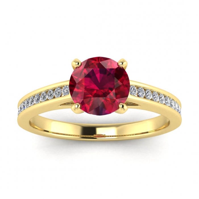 14k rose gold Cassie delicate channel ruby and diamond engagement ring (1/9 ct. tw.), round cut, bridged shank, cathedral design