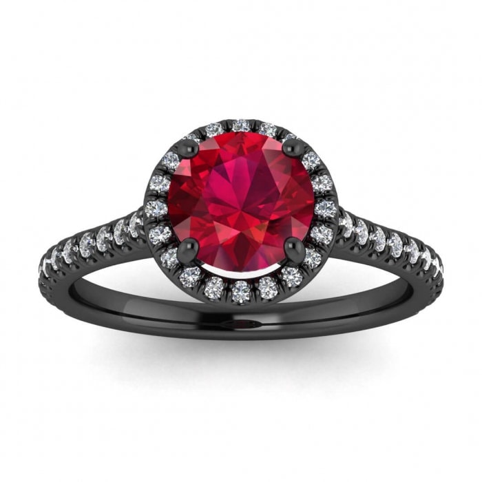 14k rose gold Caitlin paved halo ruby and diamond ring (1/5 ct. tw.), paved accent, paved halo, thin band, open gallery