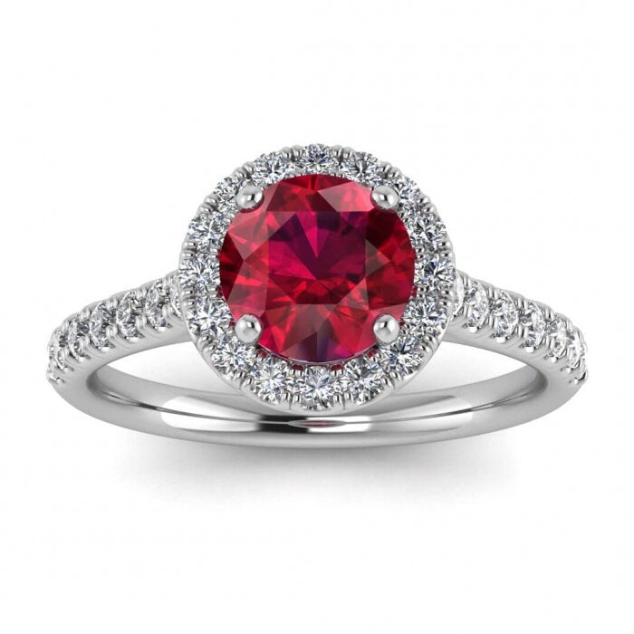 14k rose gold Anika luxurious pave ruby and diamond halo ring (3/7 ct. tw.) unique scalloped pave, round halo, bridged shank