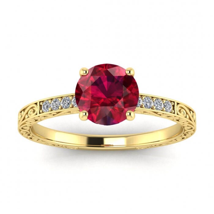 14k rose gold Elspeth micropave engraved ruby and diamond engagement ring, basket prongs setting, shared prongs pave, hand engraved