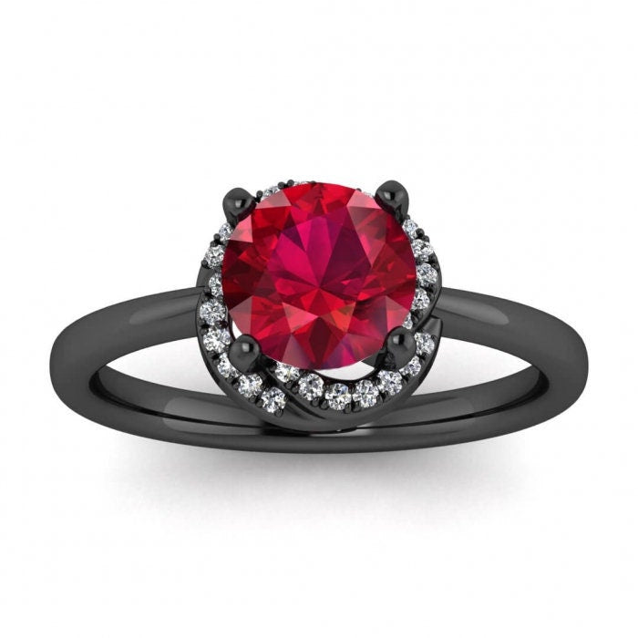 14k rose gold Cora twisted halo ruby and diamond ring (1/9 ct. tw.), rounded shank, twisted petite halo,rounded band