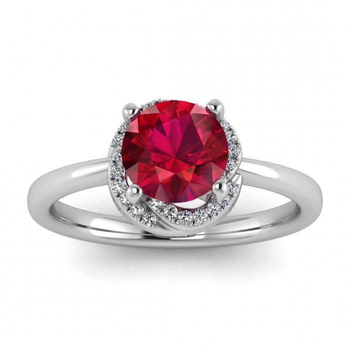 14k rose gold Cora twisted halo ruby and diamond ring (1/9 ct. tw.), rounded shank, twisted petite halo,rounded band