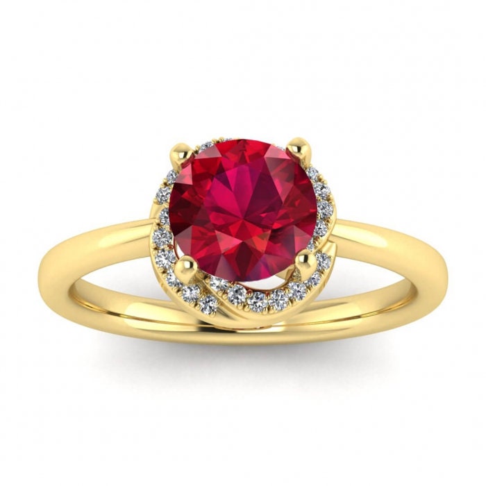 14k rose gold Cora twisted halo ruby and diamond ring (1/9 ct. tw.), rounded shank, twisted petite halo,rounded band